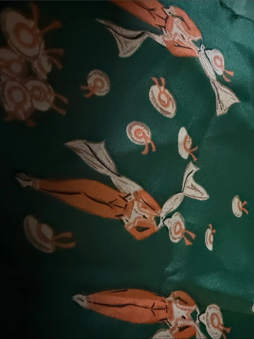 Green Printed Silk-Feel Scarf with Orange Accent Motif